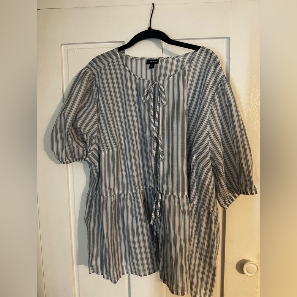 Torrid Blue and White Striped Tie Neck Top